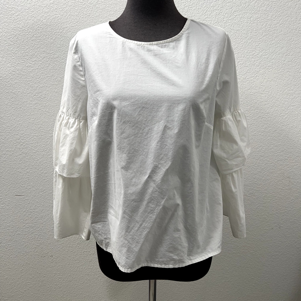 Madewell Top Women Small S White Long Sleeve Ruffle Crew Neck Woven Blouse